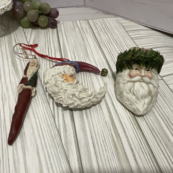 OLD World SANTA FIGURINES - SET OF 3 - ORNAMENTS - Moon, Stick,Head - Picture 1 of 3